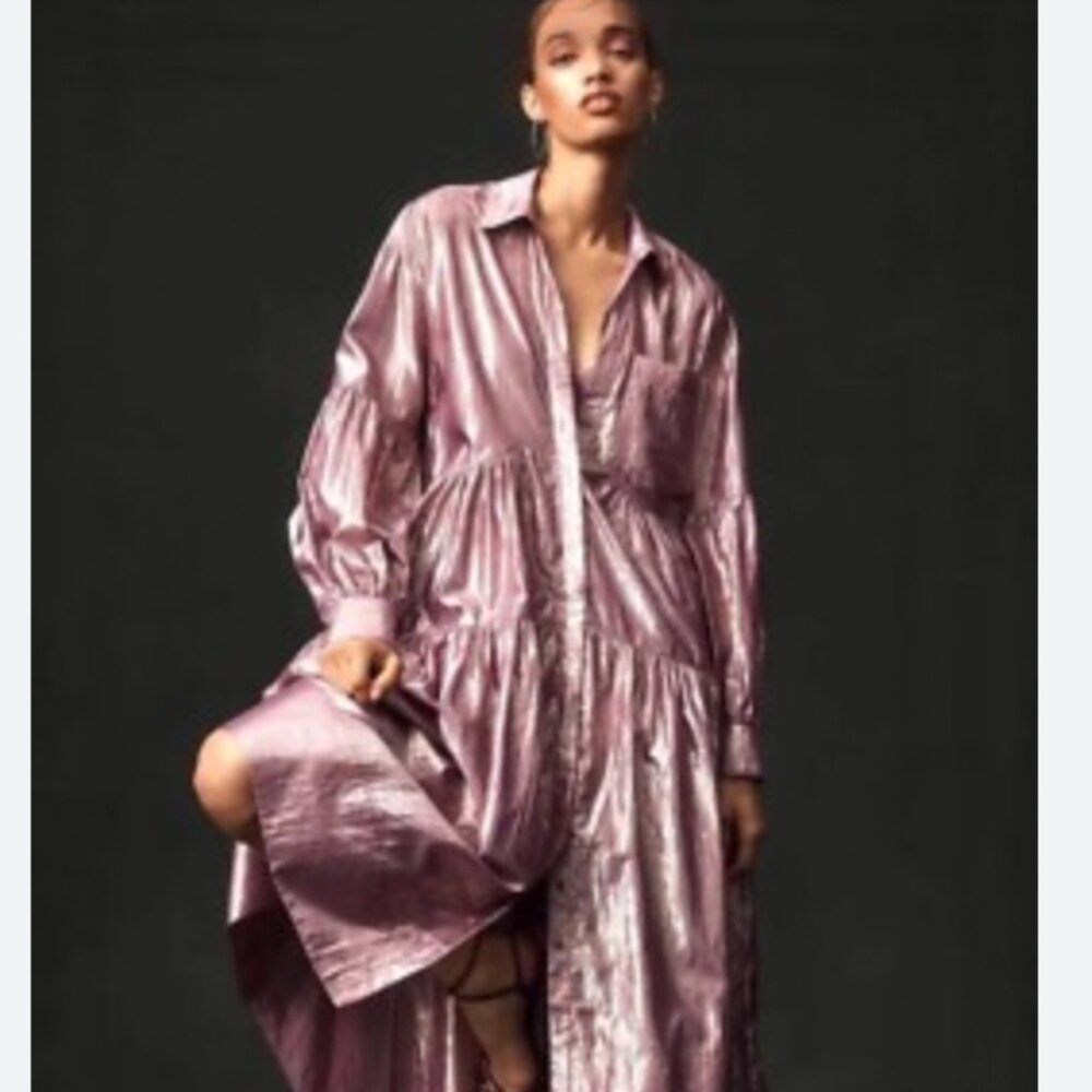 Anthropologie Shimmery Mauve Pink Tiered Maxi Dress